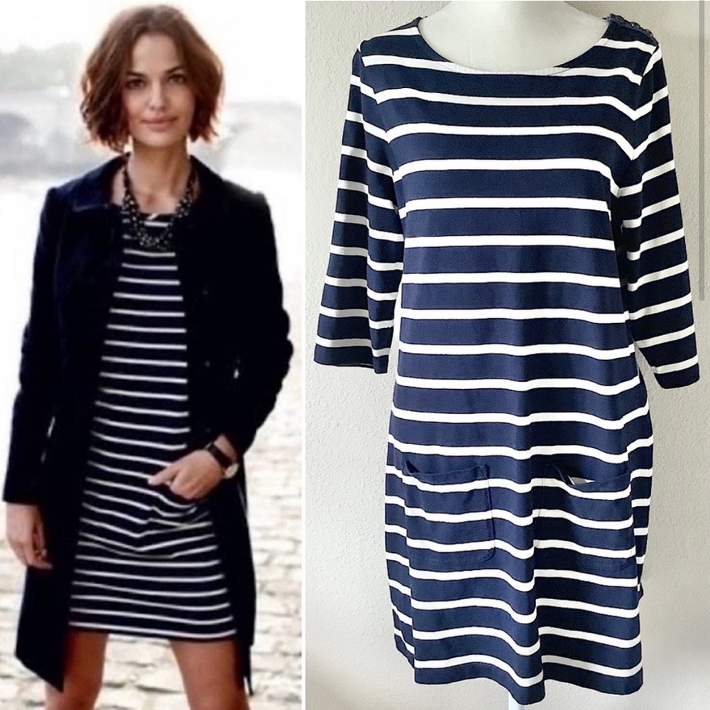 BODEN Nautical Stripe Pocket Tunic Mini Dress Breton Navy Blue White